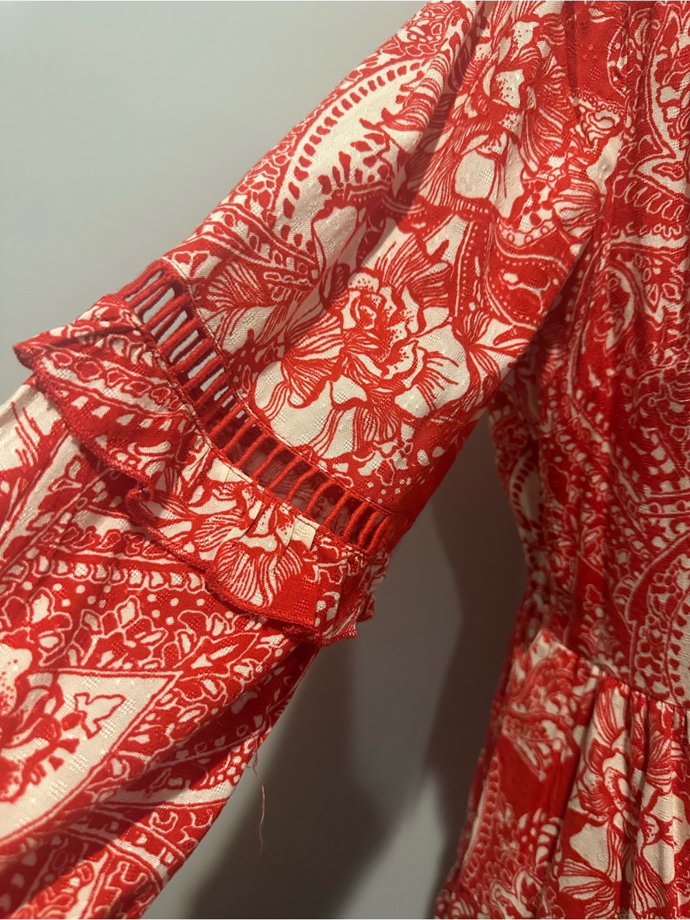 Red Paisley Floral Mini Dress with Ruffle Details - Picture 2 of 6
